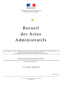 Recueil Des Actes Administratifs N° 12 - Volume I - Décembre 2005 – Page 2