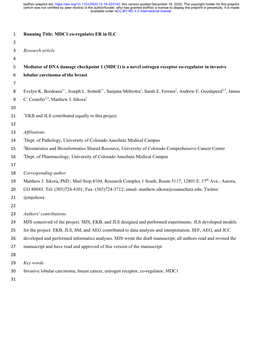 Mediator of DNA Damage Checkpoint 1 (MDC1) Is a Novel Estrogen Receptor Co-Regulator in Invasive 6 Lobular Carcinoma of the Breast 7 8 Evelyn K