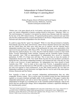 Independents in Federal Parliament: a New Challenge Or a Passing Phase?