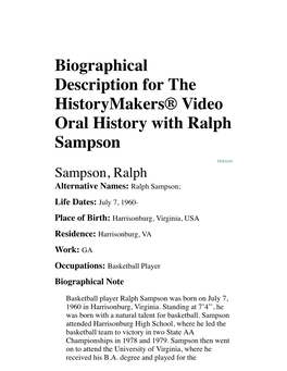 Biographical Description for the Historymakers® Video Oral History with Ralph Sampson