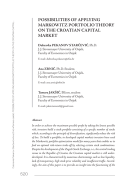 Possibilities of Applying Markowitz Portfolio Theory on the Croatian Capital Market