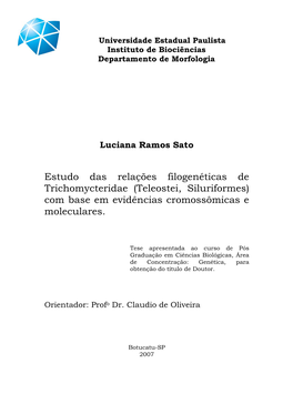 Estudo Das Relações Filogenéticas De Trichomycteridae (Teleostei, Siluriformes) Com Base Em Evidências Cromossômicas E Moleculares