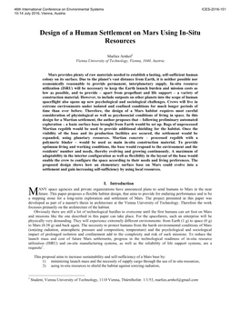 Design of a Human Settlement on Mars Using In-Situ Resources