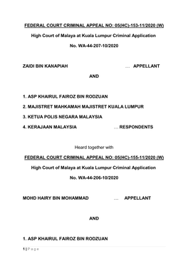 Federal Court Criminal Appeal No: 05(Hc)-153-11/2020 (W)