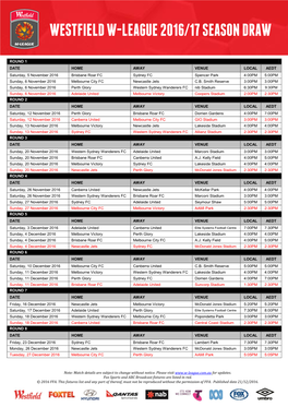 Westfield W-League 2016/17 Season Draw