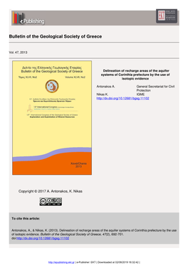 Delineation of Recharge Areas of the Aquifer Systems of Corinthia Prefecture by the Use of Isotopic Evidence