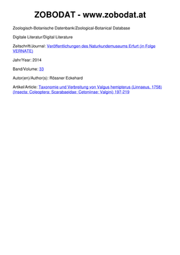 Taxonomie Und Verbreitung Von Valgus Hemipterus (Linnaeus, 1758) (Insecta: Coleoptera: Scarabaeidae: Cetoniinae: Valgini) 197-219 VERNATE 33/2014 S