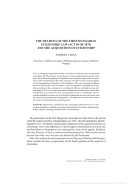 The Framing of the First Hungarian Citizenship Law (Act 50 of 1879) and the Acquisition of Citizenship