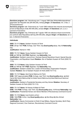 Sanctions Program: Irak: Verordnung Vom 7. August 1990 Über Wirtschaftsmassnahmen Gegenüber Der Republik Irak (SR 946.206), Anhang Origin: UN Sanctions: Art