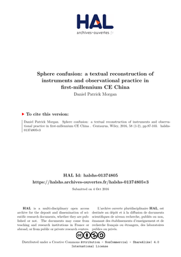 Sphere Confusion: a Textual Reconstruction of Instruments and Observational Practice in First-Millennium CE China Daniel Patrick Morgan