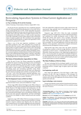 Recirculating Aquaculture Systems in China-Current Application And