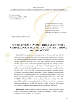 Ustroj Civilnih I Vojnih Tijela Vlasti Ndh U Velikoj Župi Krbava I Psat Sa Sjedištem U Bihaću…