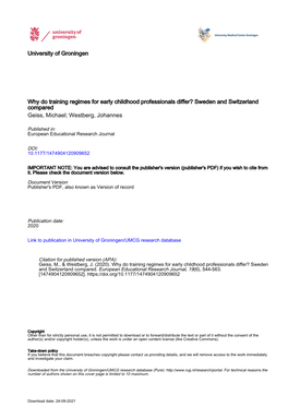 Why Do Training Regimes for Early Childhood Professionals Differ? Sweden and Switzerland Compared Geiss, Michael; Westberg, Johannes