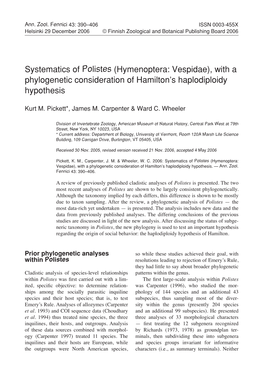 Systematics of Polistes (Hymenoptera: Vespidae), with a Phylogenetic Consideration of Hamilton’S Haplodiploidy Hypothesis
