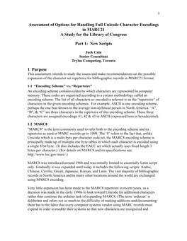 Assessment of Options for Handling Full Unicode Character Encodings in MARC21 a Study for the Library of Congress