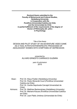 Design and Pilot Study of an Adventure Video Game As a Tool in Psychotherapeutic Processes of Adolescent Women with Symptoms of Depression