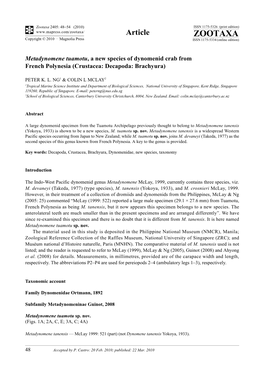 Zootaxa, Metadynomene Tuamotu, a New Species of Dynomenid Crab