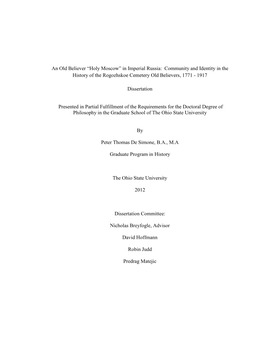 An Old Believer ―Holy Moscow‖ in Imperial Russia: Community and Identity in the History of the Rogozhskoe Cemetery Old Believers, 1771 - 1917