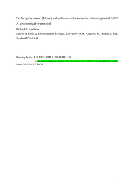 (Moine) Calc-Silicate Rocks Represent Metamorphosed Tuffs? a Geochemical Re-Appraisal Richard A