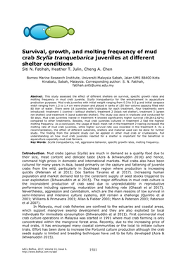 Fatihah S. N., Julin H. T., Chen C. A., 2017 Survival, Growth, and Molting Frequency of Mud Crab Scylla Tranquebarica Juveniles at Different Shelter Conditions