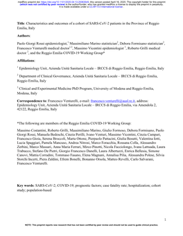 Characteristics and Outcomes of a Cohort of SARS-Cov-2 Patients in the Province of Reggio Emilia, Italy