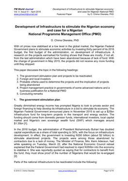 Development of Infrastructure to Stimulate the Nigerian Economy and Case for a Nigerian National Programme Management Office (PMO)