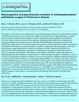 Neurocognitive and Psychosocial Correlates of Ventroposterolateral Pallidotomy Surgery in Parkinson's Disease