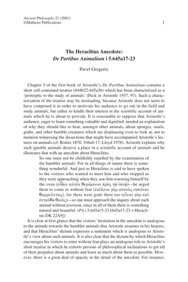 The Heraclitus Anecdote: De Partibus Animalium I 5.645A17-23