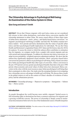 The Citizenship Advantage in Psychological Well-Being:­ an Examination of the Hukou System in China