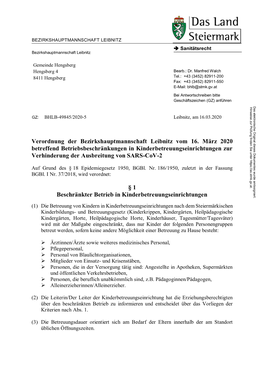 Verordnung Der Bezirkshauptmannschaft Leibnitz Vom 16. März 2020 Betreffend Betriebsbeschränkungen in Kinderbetreuungseinricht