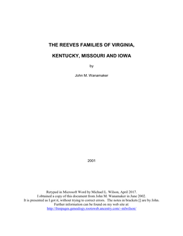 The Reeves Families of Virginia, Kentucky, Missouri and Iowa