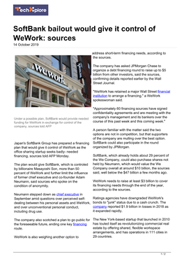 Softbank Bailout Would Give It Control of Wework: Sources 14 October 2019