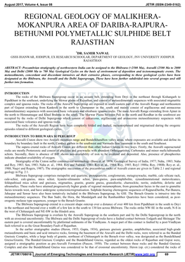 Regional Geology of Malikhera- Mokanpura Area of Dariba-Rajpura- Bethunmi Polymetallic Sulphide Belt Rajasthan