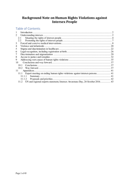 Background Note on Human Rights Violations Against Intersex People Table of Contents 1 Introduction