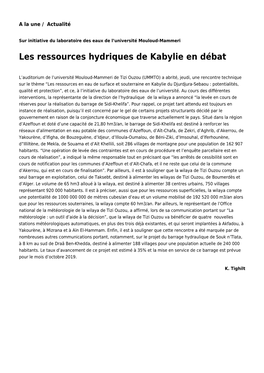 Les Ressources Hydriques De Kabylie En Débat