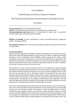 Course Syllabus Global Energy Law & Policy: Europe in Transition The