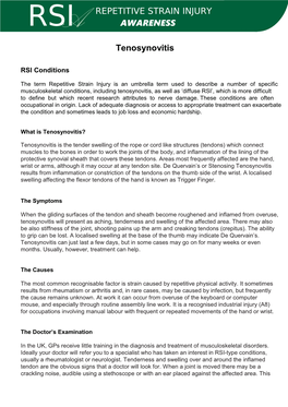 REPETITIVE STRAIN INJURY AWARENESS Tenosynovitis