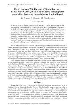 The Avifauna of Mt. Karimui, Chimbu Province, Papua New Guinea, Including Evidence for Long-Term Population Dynamics in Undisturbed Tropical Forest