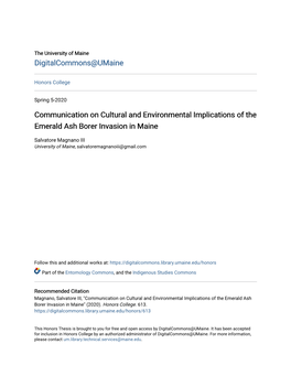 Communication on Cultural and Environmental Implications of the Emerald Ash Borer Invasion in Maine