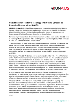 United Nations Secretary-General Appoints Gunilla Carlsson As