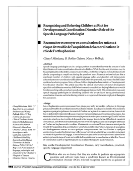 Recognizing and Referring Children at Risk for Developmental Coordination Disorder: Role of the Speech-Language Pathologist