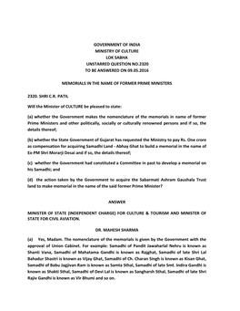 Government of India Ministry of Culture Lok Sabha Unstarred Question No.2320 to Be Answered on 09.05.2016