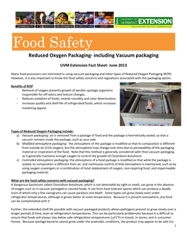 Food Safety Reduced Oxygen Packaging- Including Vacuum Packaging