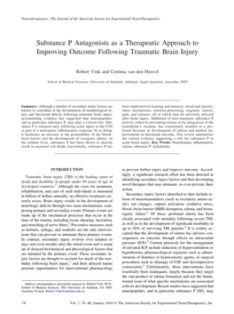 Substance P Antagonists As a Therapeutic Approach to Improving Outcome Following Traumatic Brain Injury