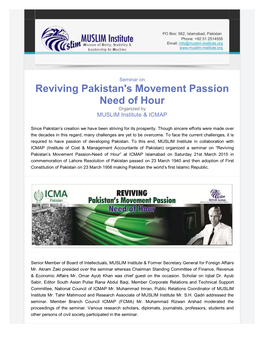 Reviving Pakistan's Movement Passion Need of Hour Organized by MUSLIM Institute & ICMAP