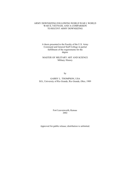 Army Downsizing Following World War I, World War Ii, Vietnam, and a Comparison to Recent Army Downsizing