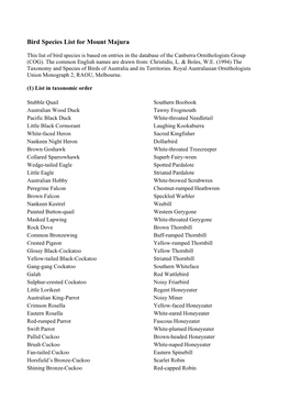 Bird Species List for Mount Majura