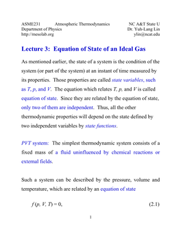 Equation of State of an Ideal Gas
