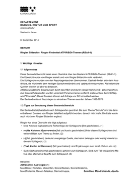 DEPARTEMENT BILDUNG, KULTUR UND SPORT 8. Dezember 2014 BERICHT Ringier Bildarchiv: Ringier Findmittel ATP/Ribidi-Themen (RBA1-1