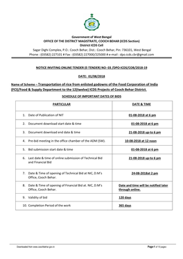 Name of Scheme – Transportation of Rice from Enlisted Godowns of the Food Corporation of India (FCI)/Food & Supply Departm